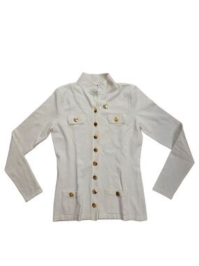 Boston Proper Cream Knit Military-Style Jacket with Gold Buttons